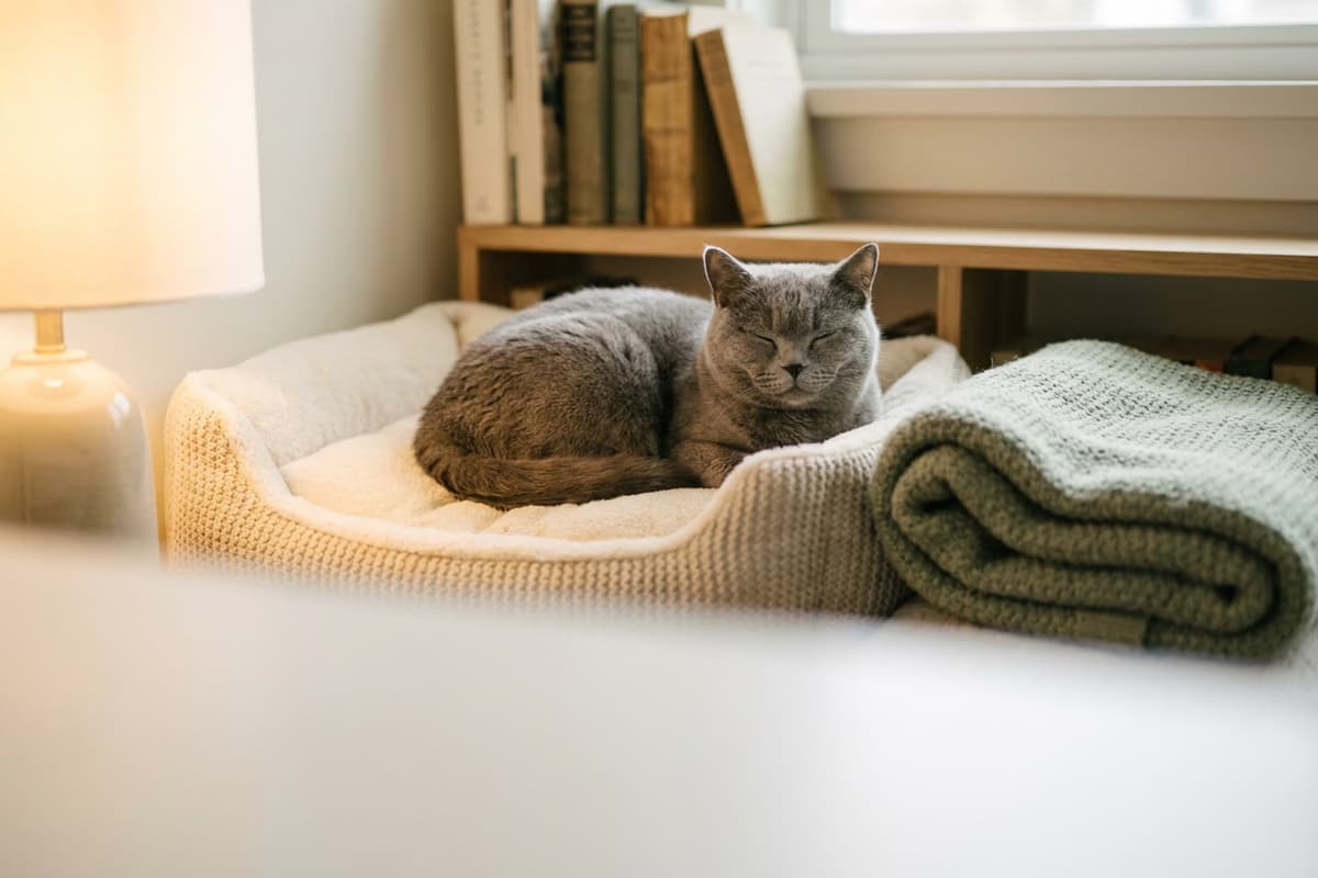 Gato gris consentido y acurrucado en una camita acogedora con manta verde salvia