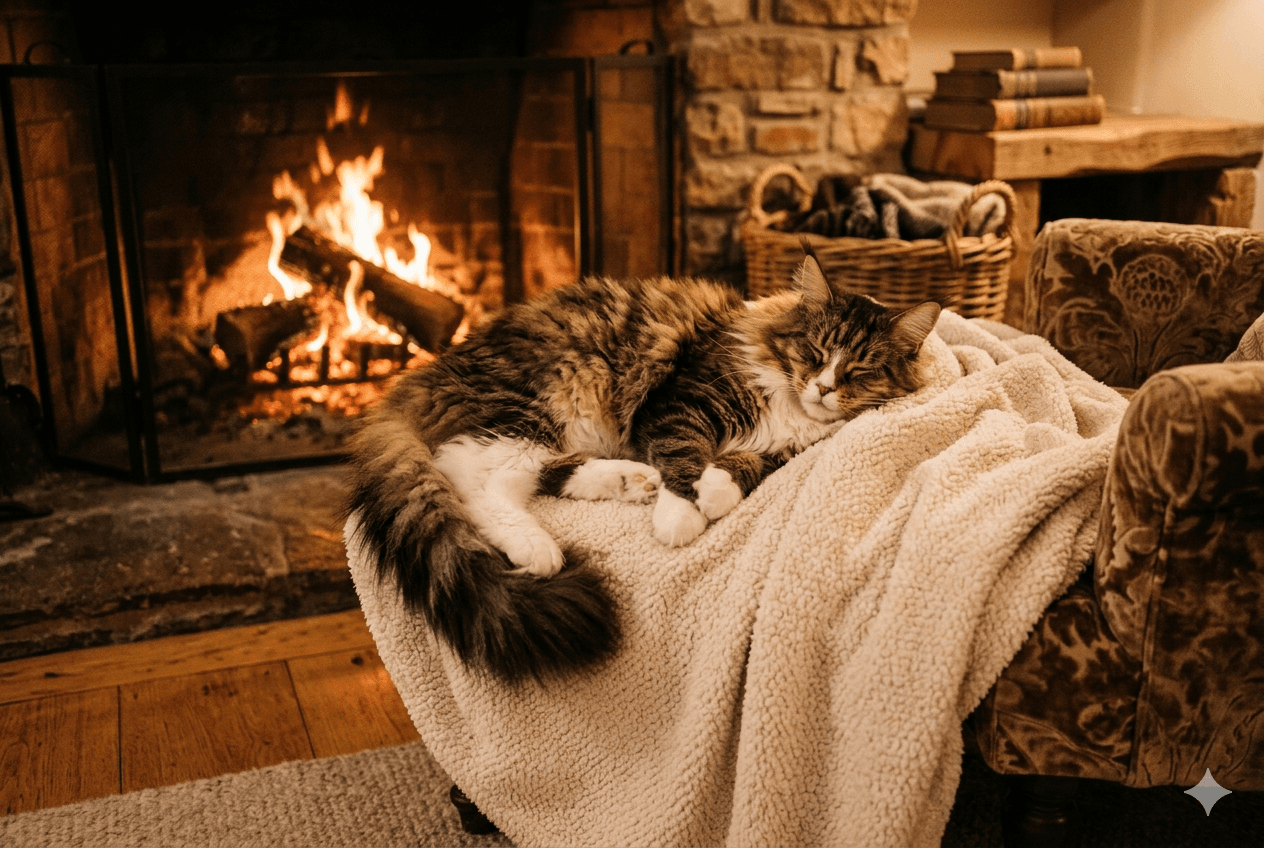 Gato consentido acurrucado y feliz