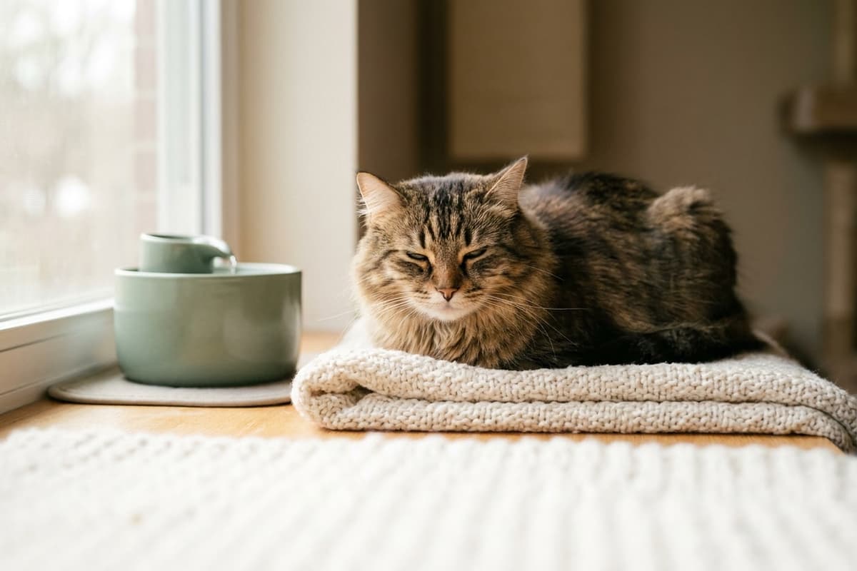 Gato de pelo largo descansando tranquilo sobre una manta junto a una fuente de agua