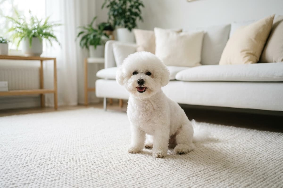 Perro Bichón recién aseado y esponjoso sentado en una sala ordenada y luminosa
